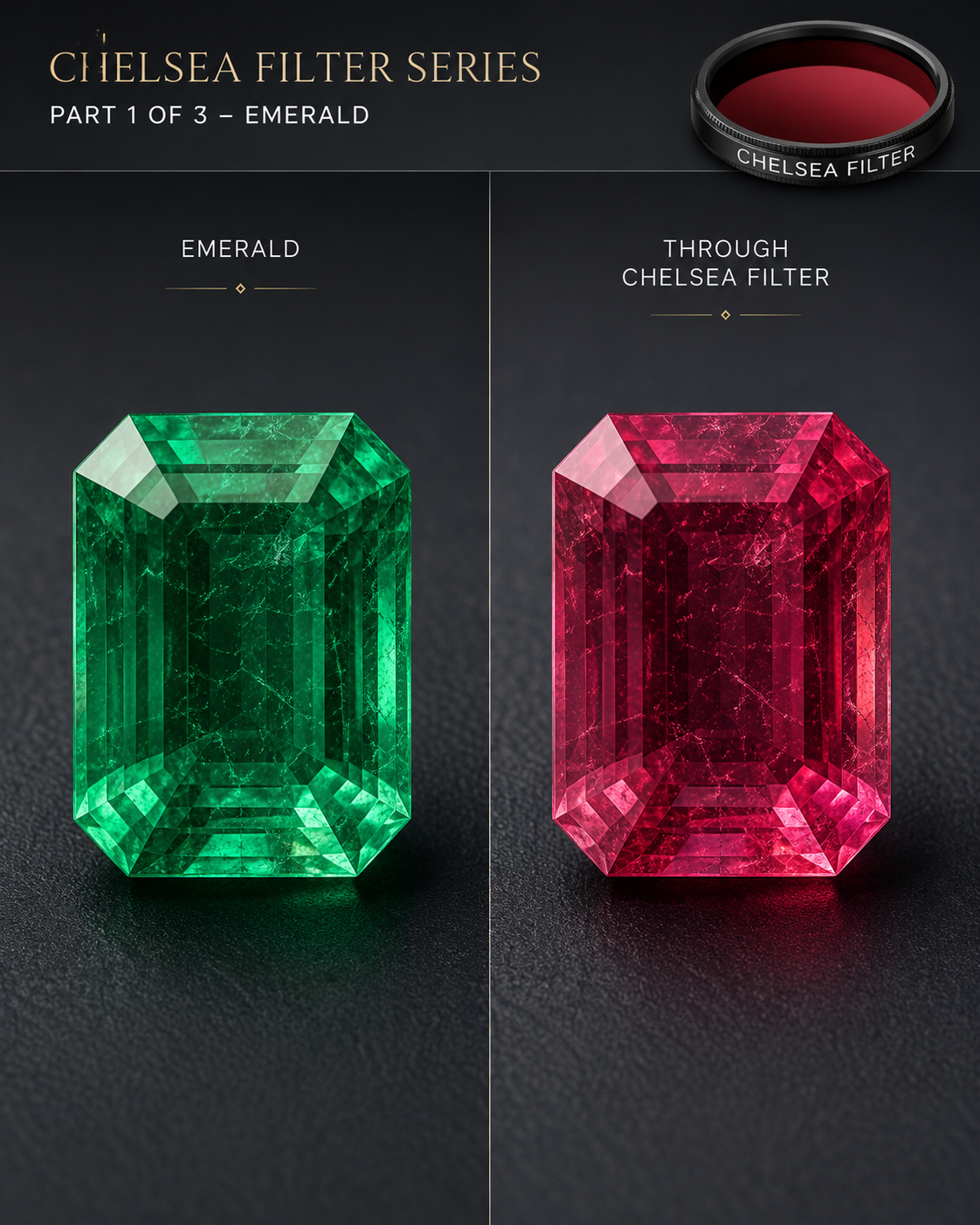 Chelsea Filter Examples part one showing an emerald before and through a Chelsea filter.