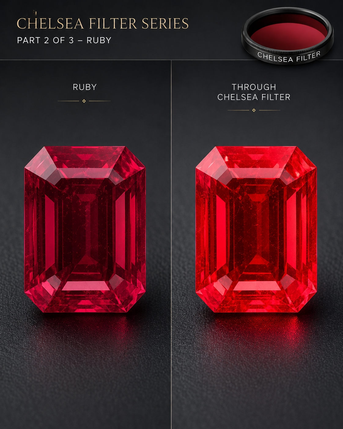 Chelsea Filter Examples part two showing a ruby before and through a Chelsea filter.