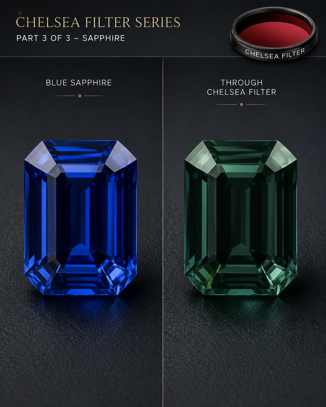 Chelsea Filter Examples part three showing a blue sapphire before and through a Chelsea filter.
